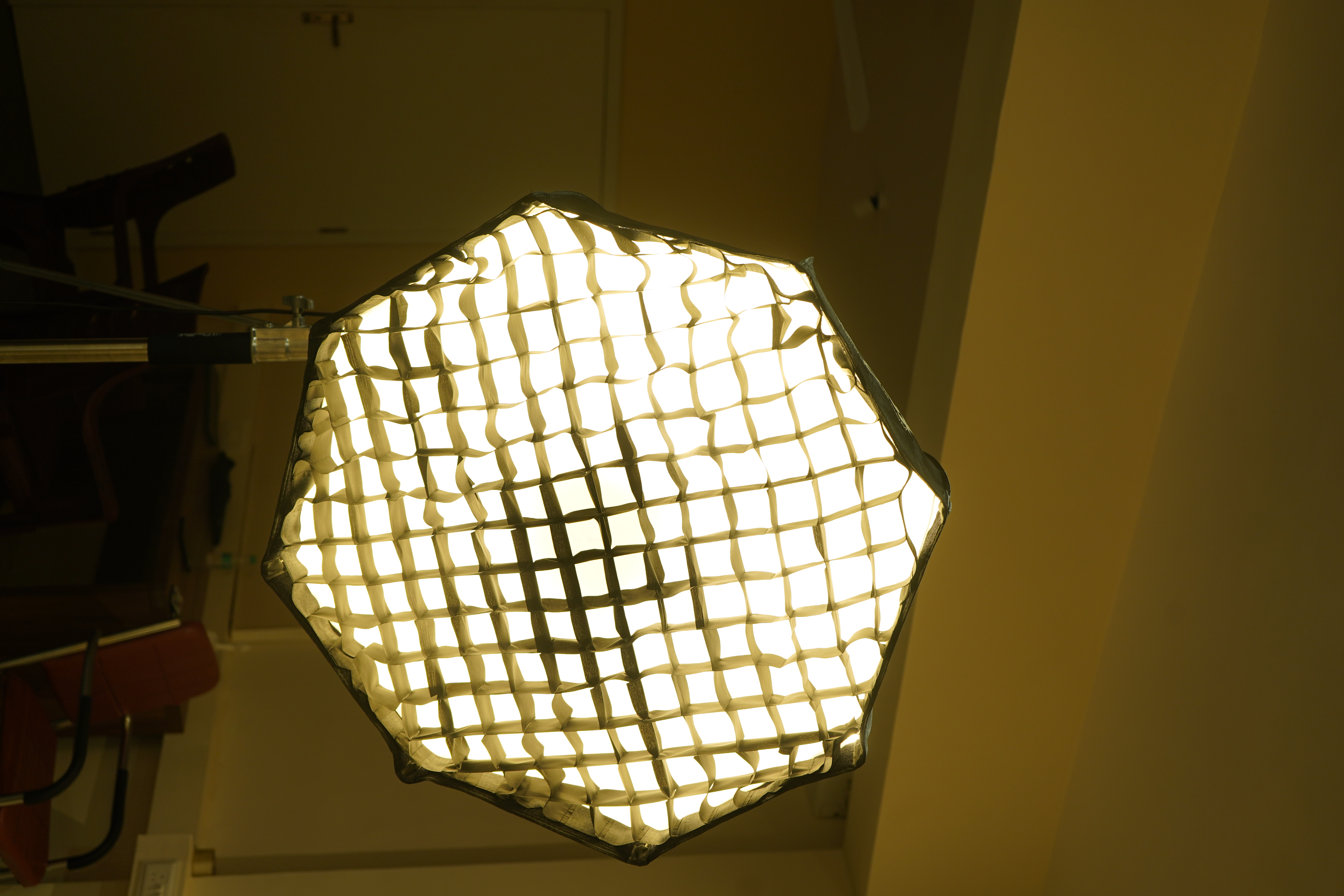 High-CRI 95+ octabox softbox lighting grid inside video recording studio in Koramangala