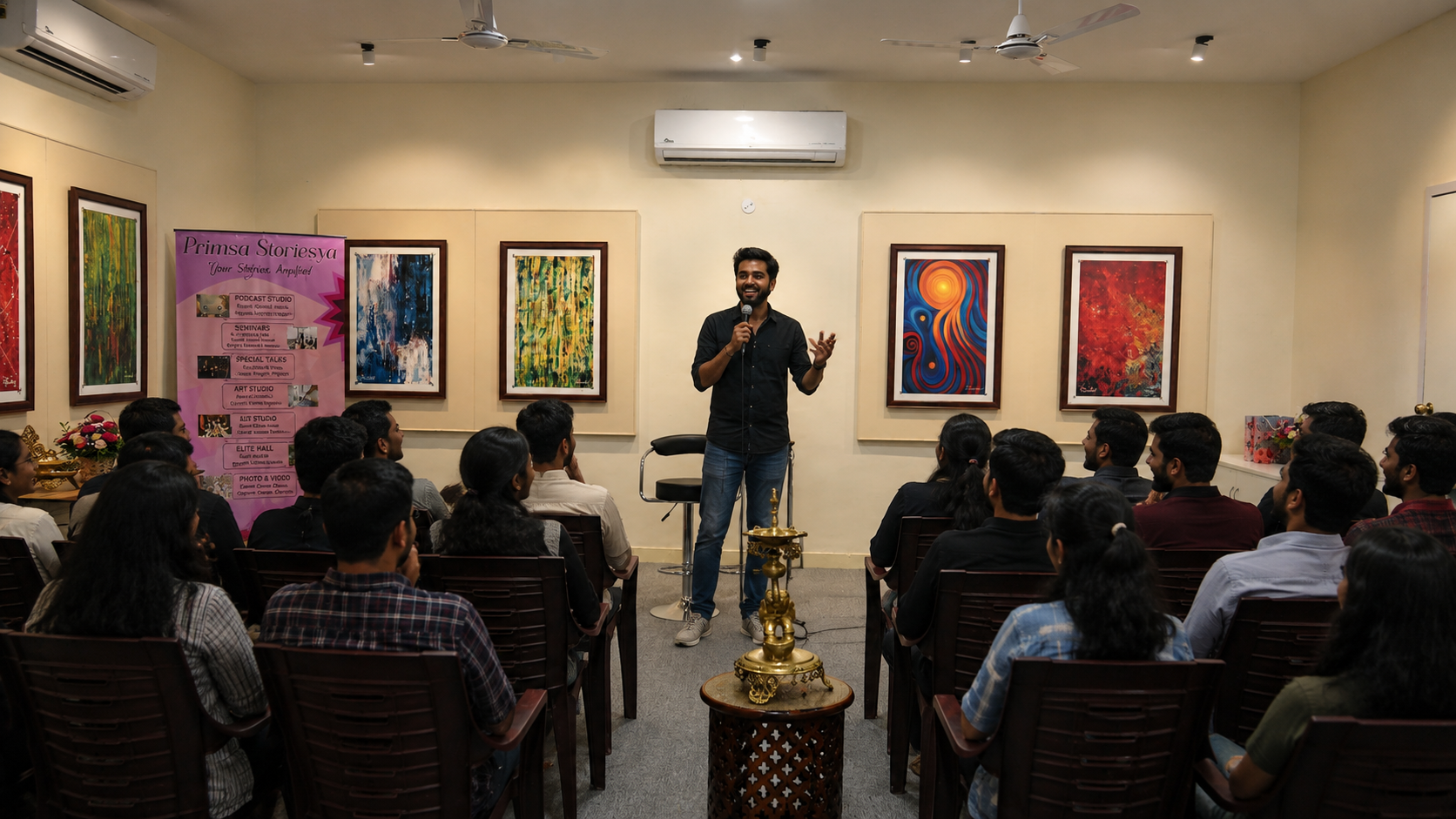 Special talk lecture presentation stage with audience seating in Koramangala