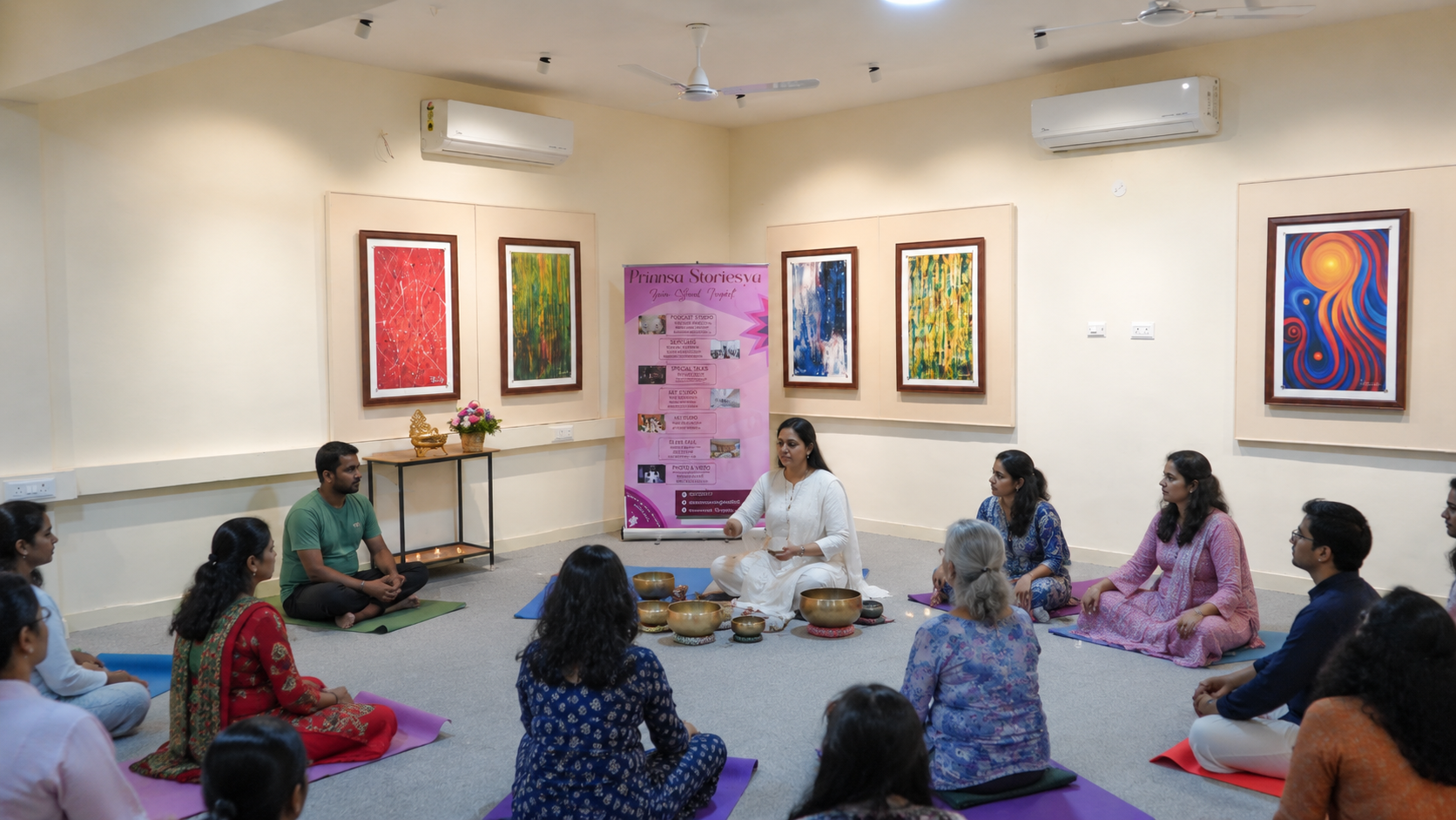 Serene sound healing room with singing bowls and meditation cushions in Koramangala
